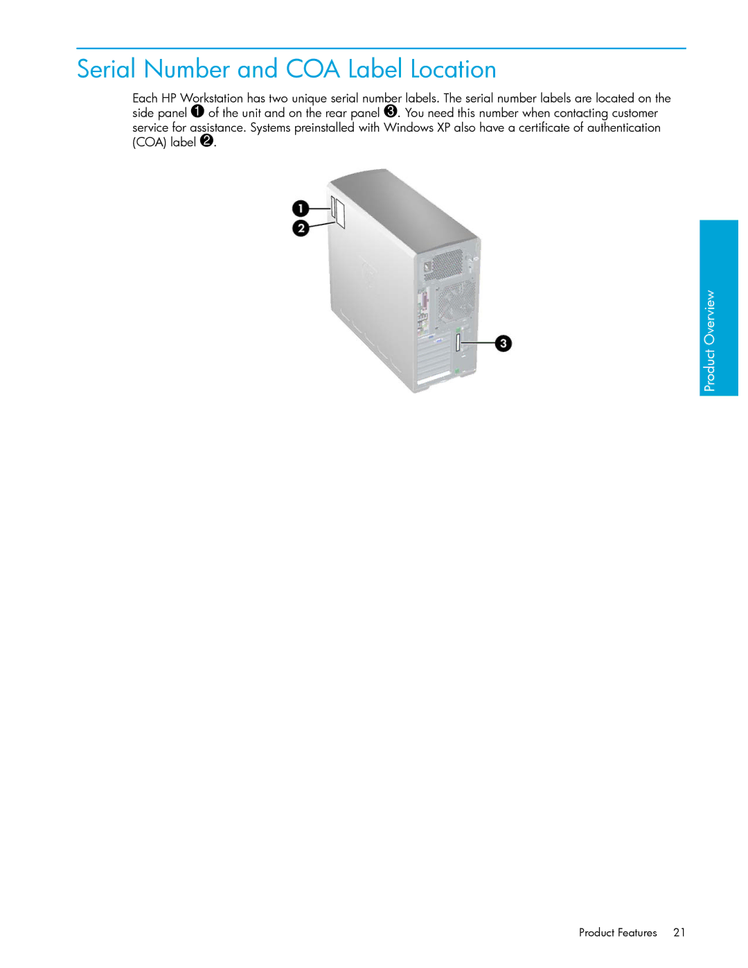 HP xw9300 manual Serial Number and COA Label Location 