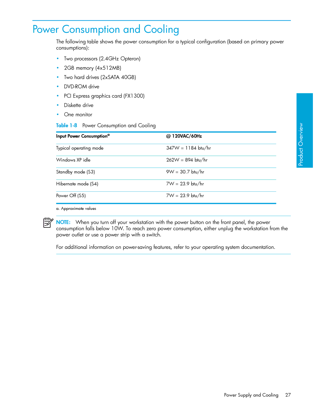 HP xw9300 manual Power Consumption and Cooling 