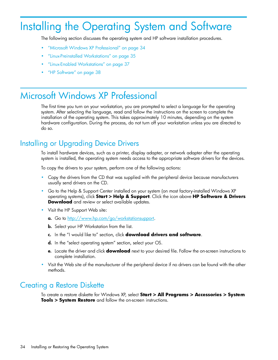 HP xw9300 Installing the Operating System and Software, Microsoft Windows XP Professional, Creating a Restore Diskette 