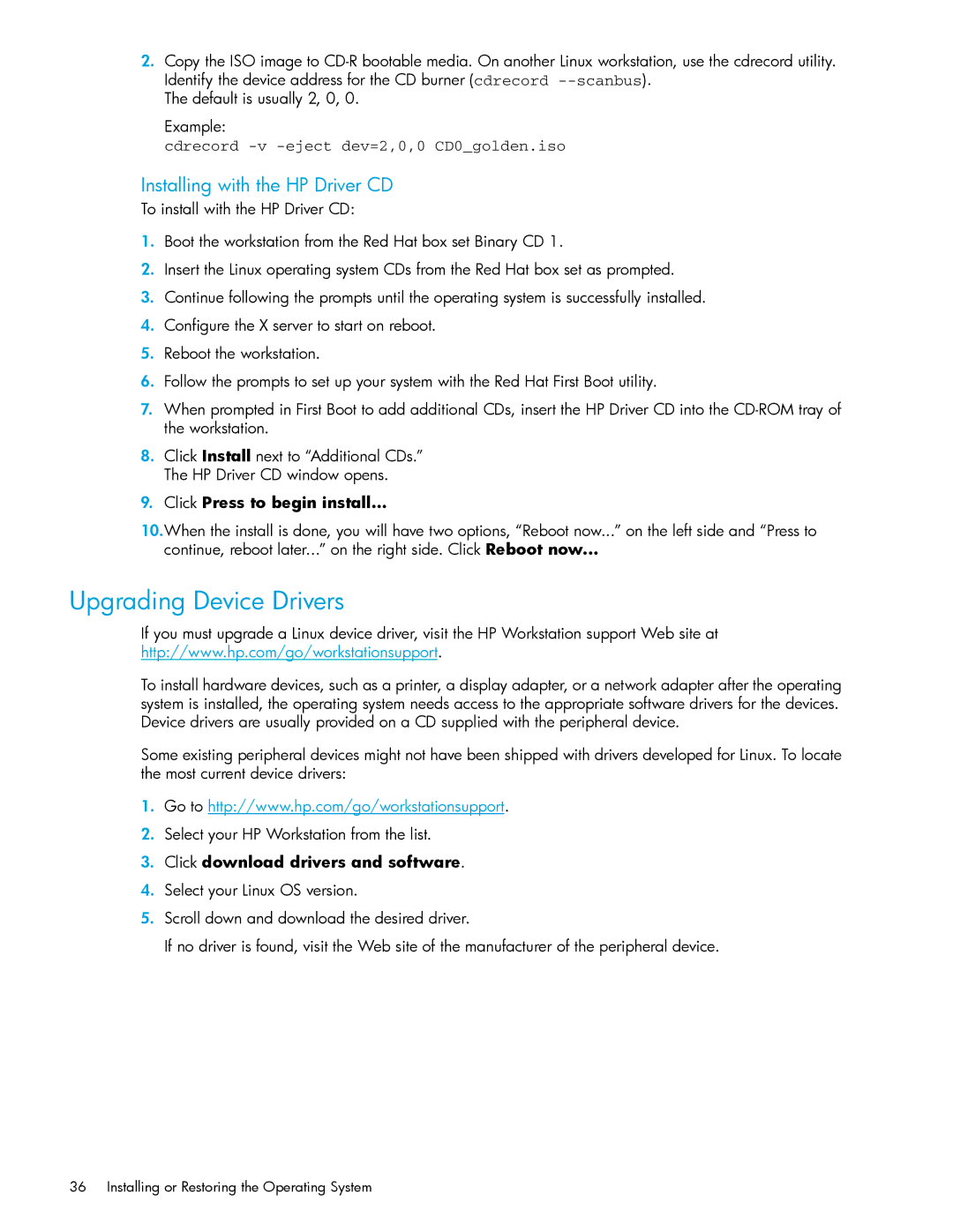 HP xw9300 manual Upgrading Device Drivers, Installing with the HP Driver CD 