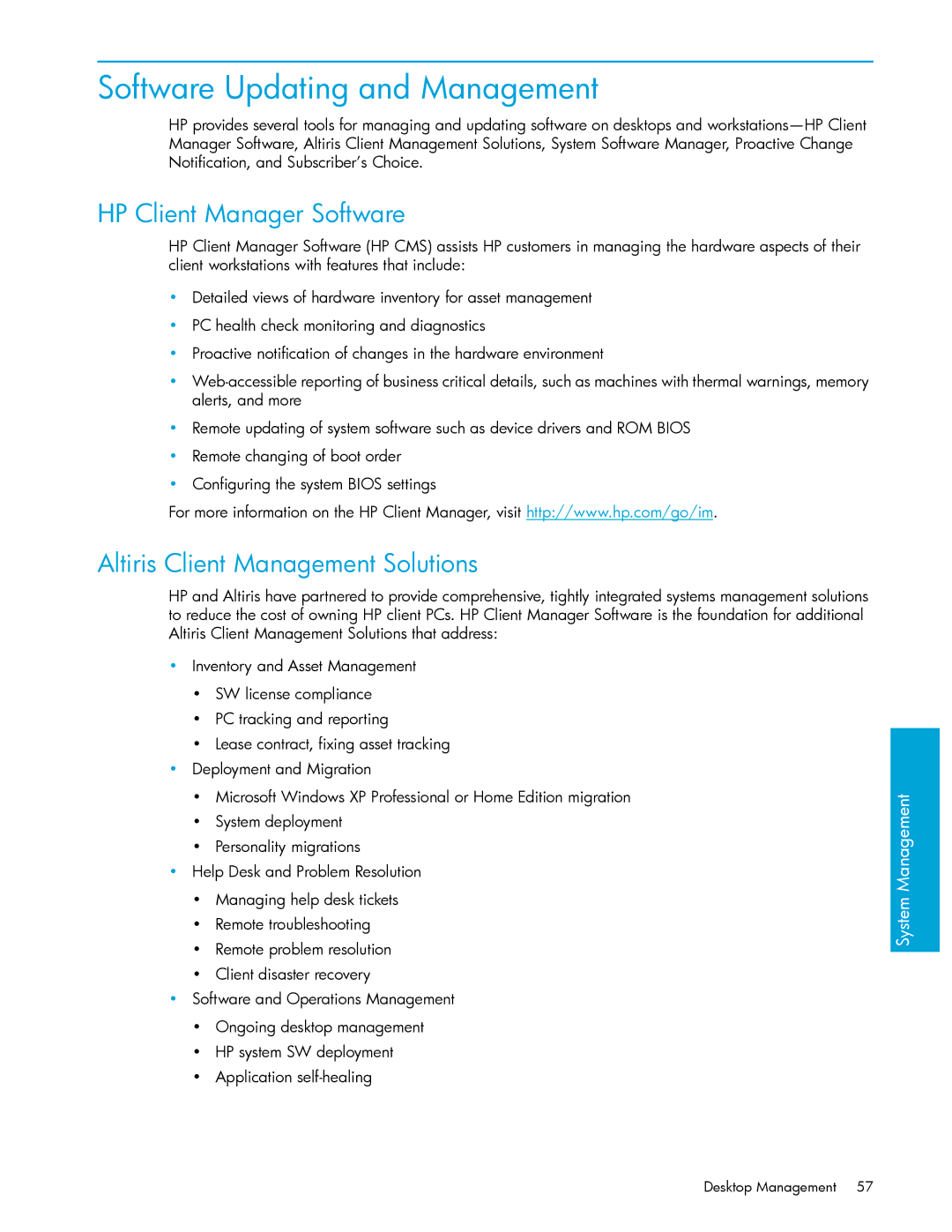 HP xw9300 manual Software Updating and Management, HP Client Manager Software, Altiris Client Management Solutions 