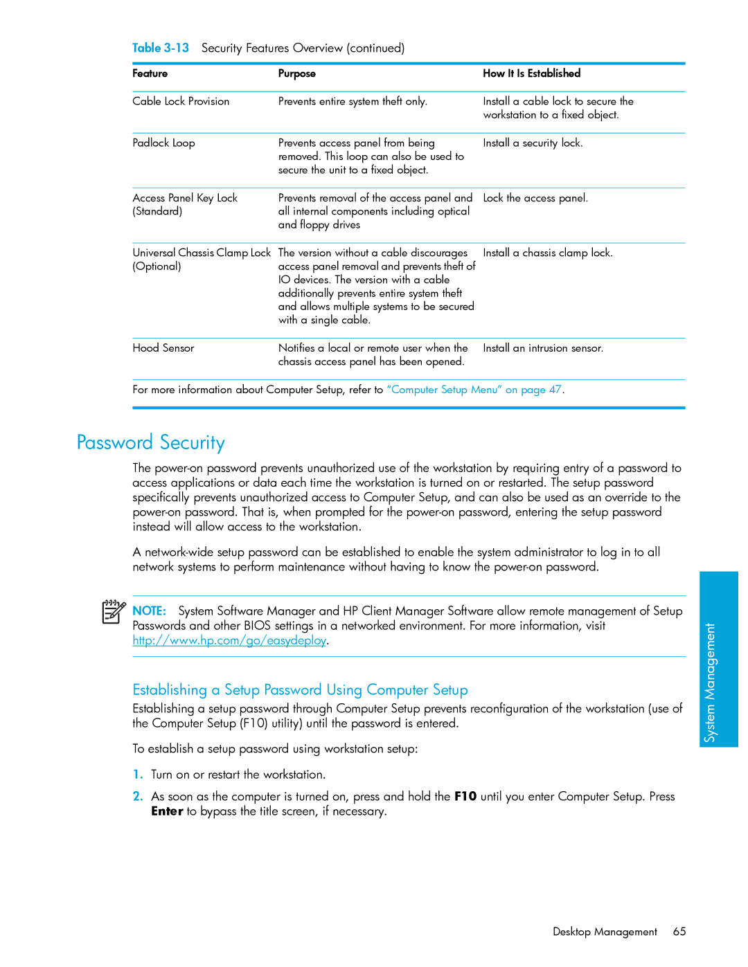 HP xw9300 manual Password Security, Feature Purpose How It Is Established Cable Lock Provision 