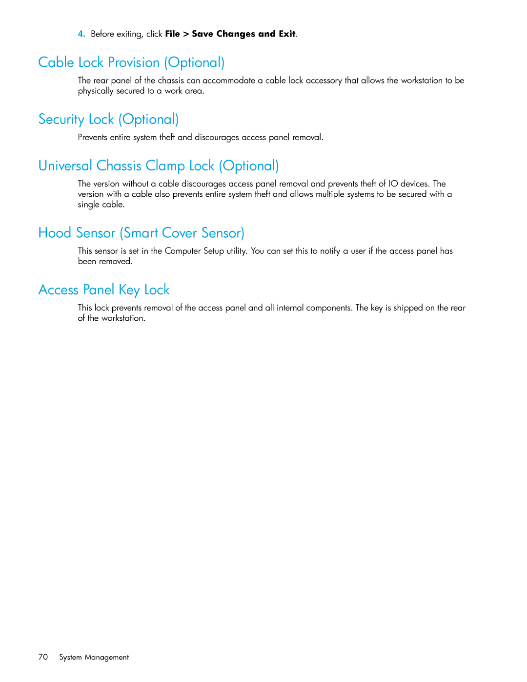 HP xw9300 manual Cable Lock Provision Optional, Security Lock Optional, Universal Chassis Clamp Lock Optional 