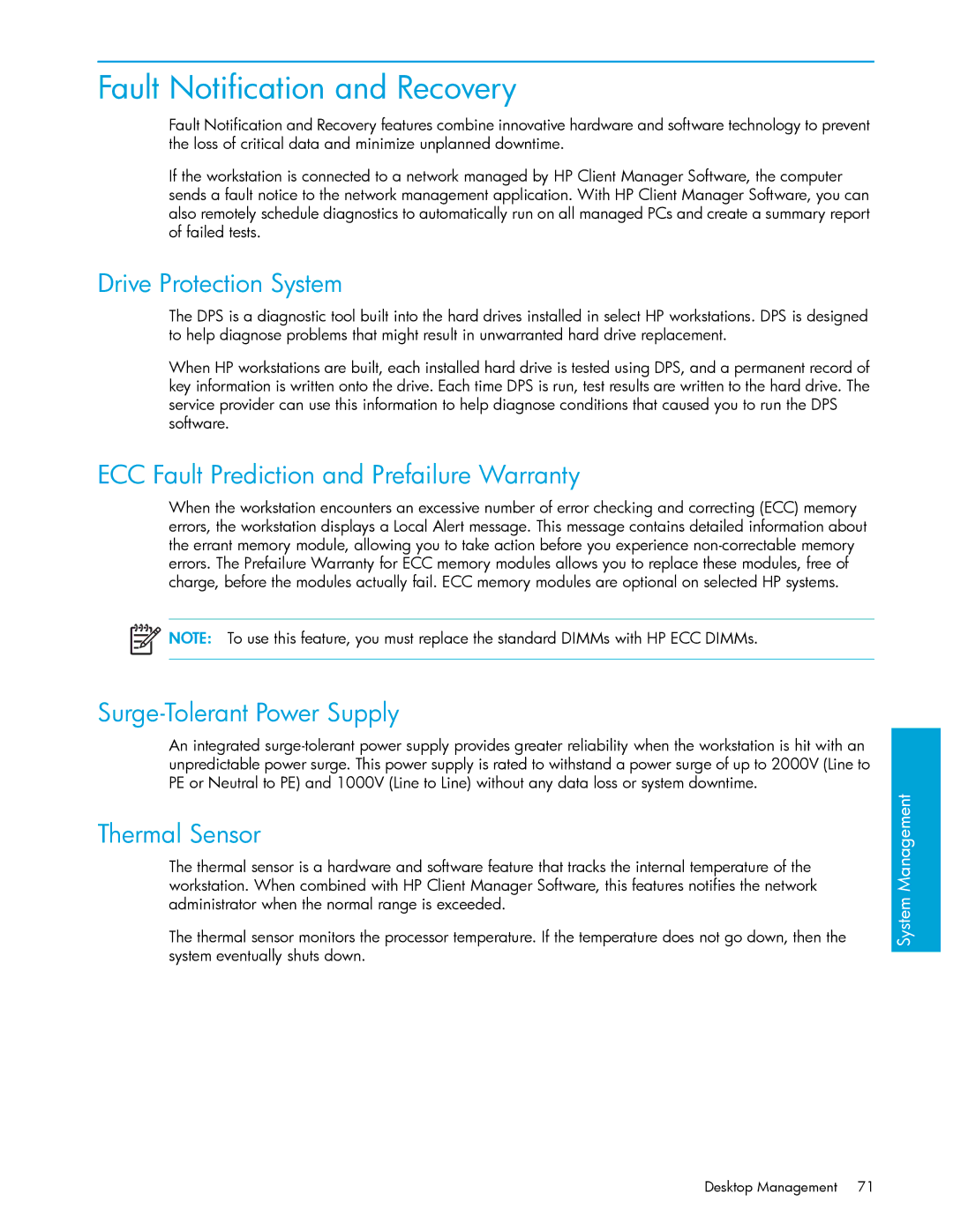 HP xw9300 manual Fault Notification and Recovery, Drive Protection System, ECC Fault Prediction and Prefailure Warranty 