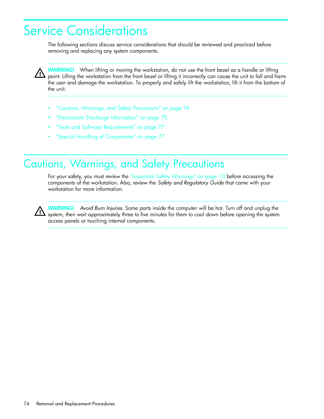 HP xw9300 manual Service Considerations 