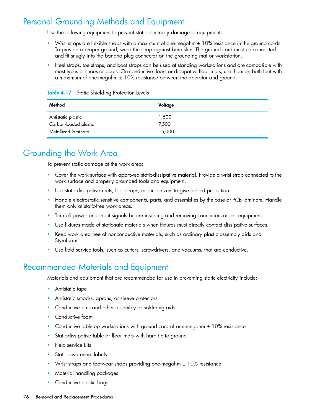 HP xw9300 manual Personal Grounding Methods and Equipment, Grounding the Work Area, Recommended Materials and Equipment 