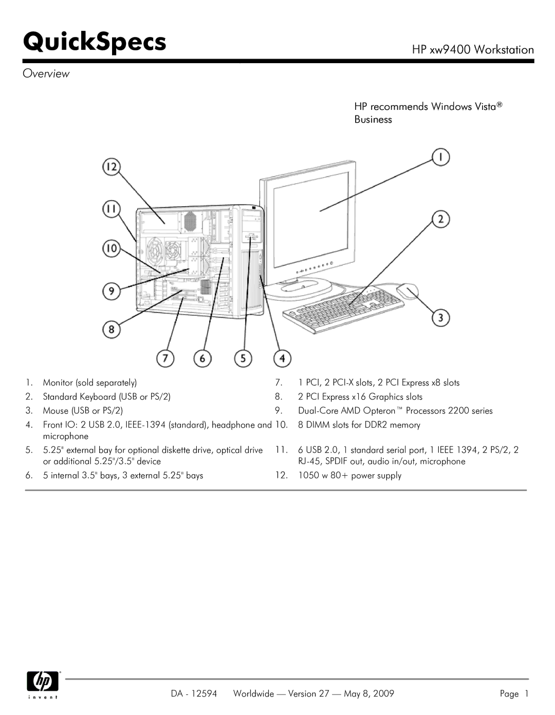 HP XW9400 manual QuickSpecs, Overview 