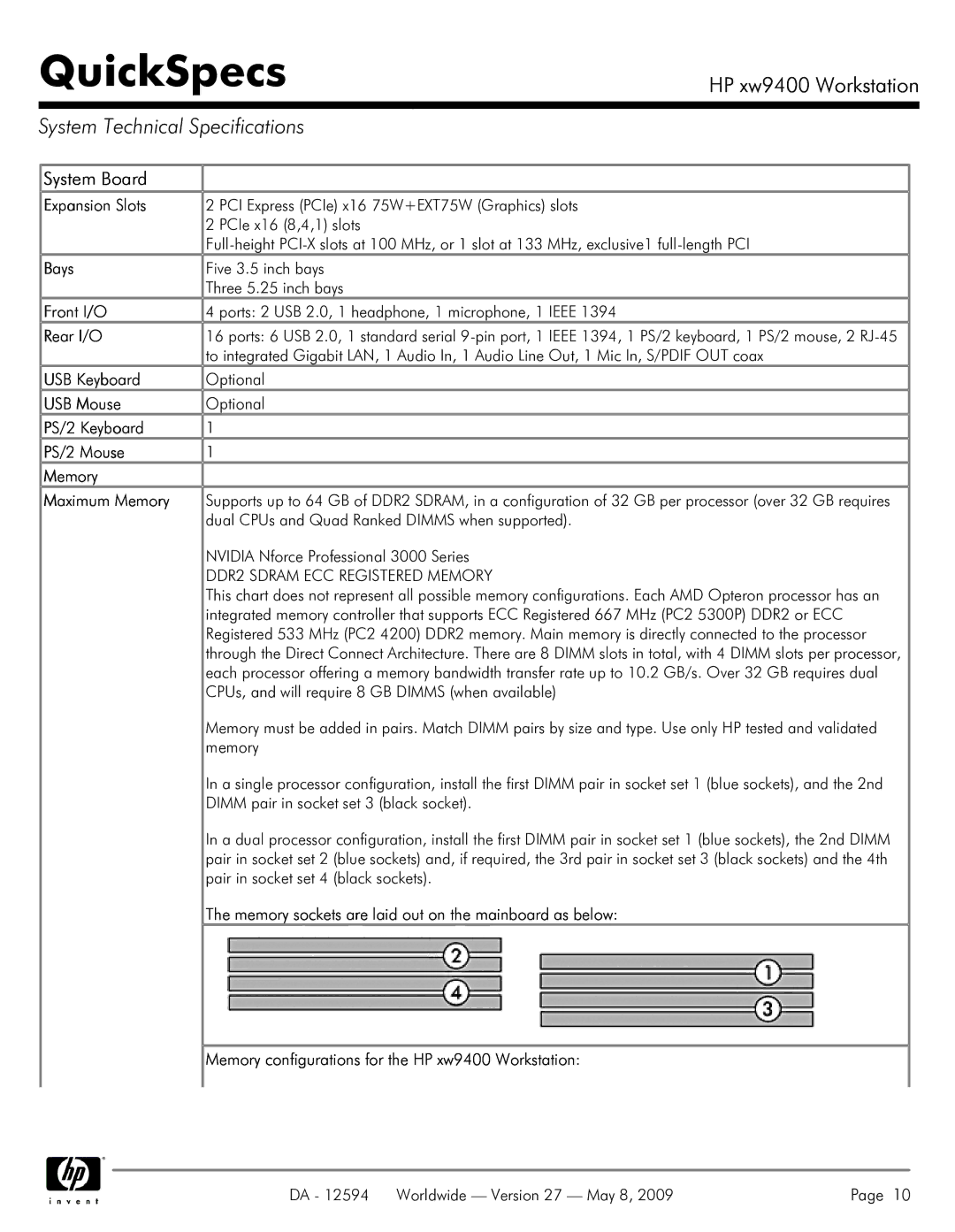 HP XW9400 manual System Technical Specifications 