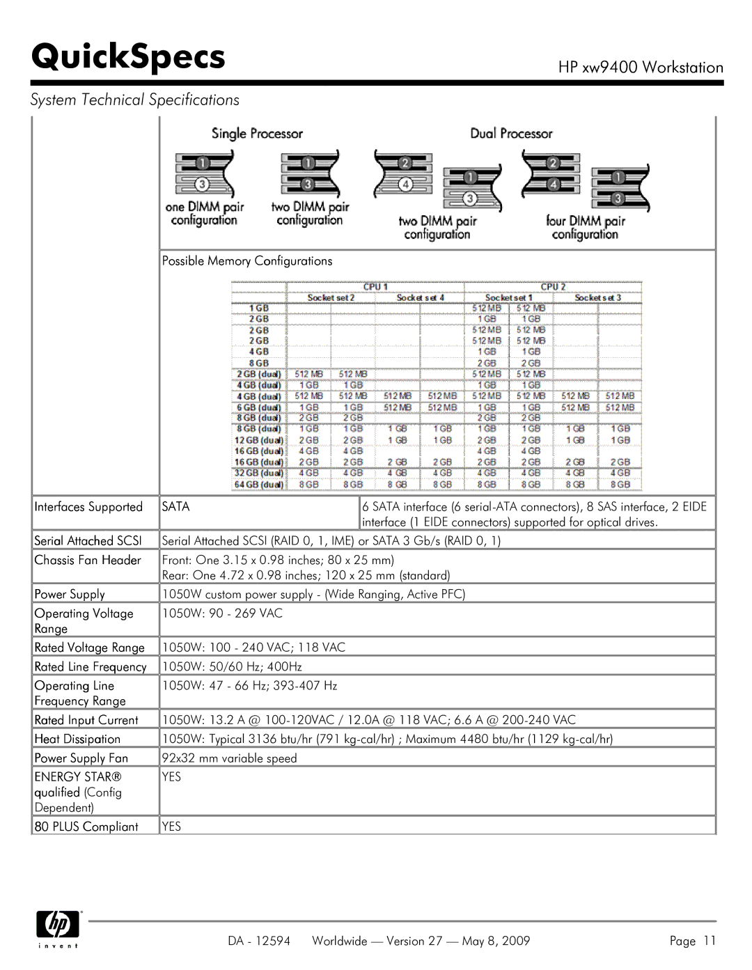 HP XW9400 manual Sata, Energy Star 