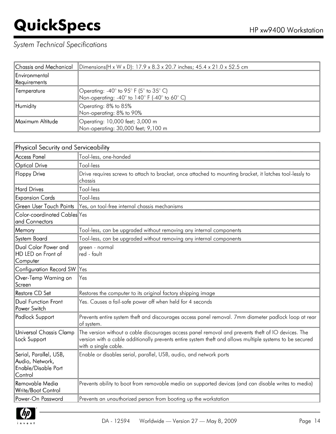 HP XW9400 manual Environmental Requirements Temperature, Humidity, Maximum Altitude, Chassis, Yes, System, Lock Support 