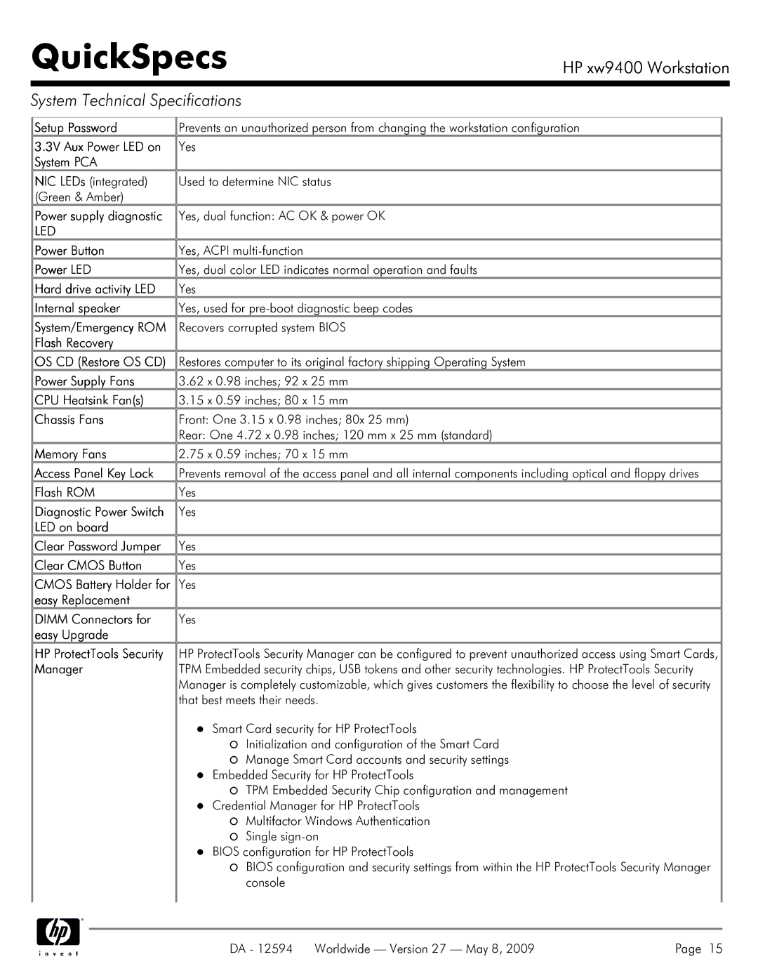 HP XW9400 Setup Password, System PCA, Power Button, Power LED, Hard drive activity LED, Internal speaker, Chassis Fans 