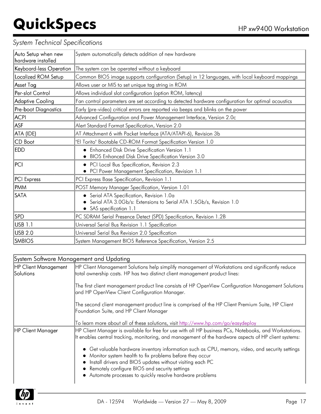 HP XW9400 manual Acpi, Asf, Ata Ide, Edd, Pci, Pmm, Spd 