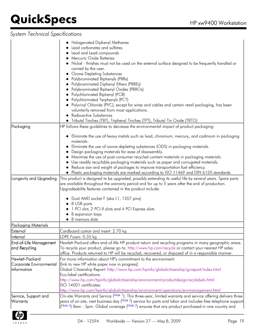 HP XW9400 Packaging Materials External, Internal, Recycling, Hewlett-Packard, Information, Service, Support, Warranty 