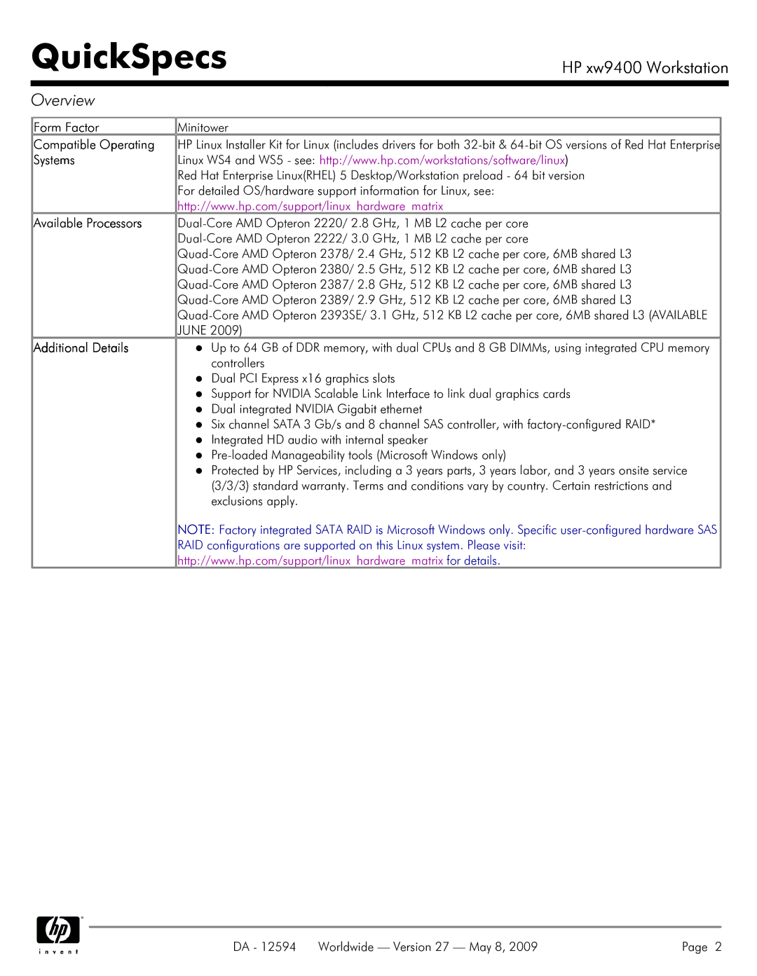 HP XW9400 manual Form Factor, Compatible Operating, Systems, Available Processors, Additional Details 