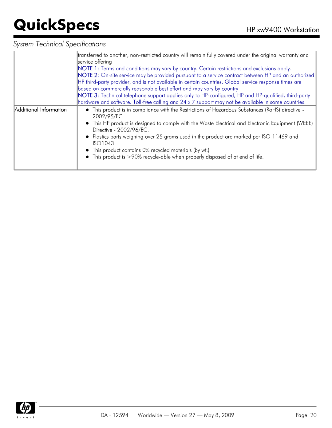 HP XW9400 manual Additional Information, 2002/95/EC, Directive 2002/96/EC, ISO1043 