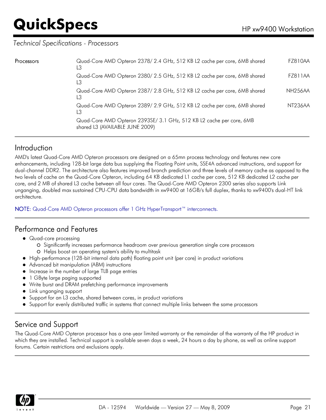 HP XW9400 manual Technical Specifications Processors 