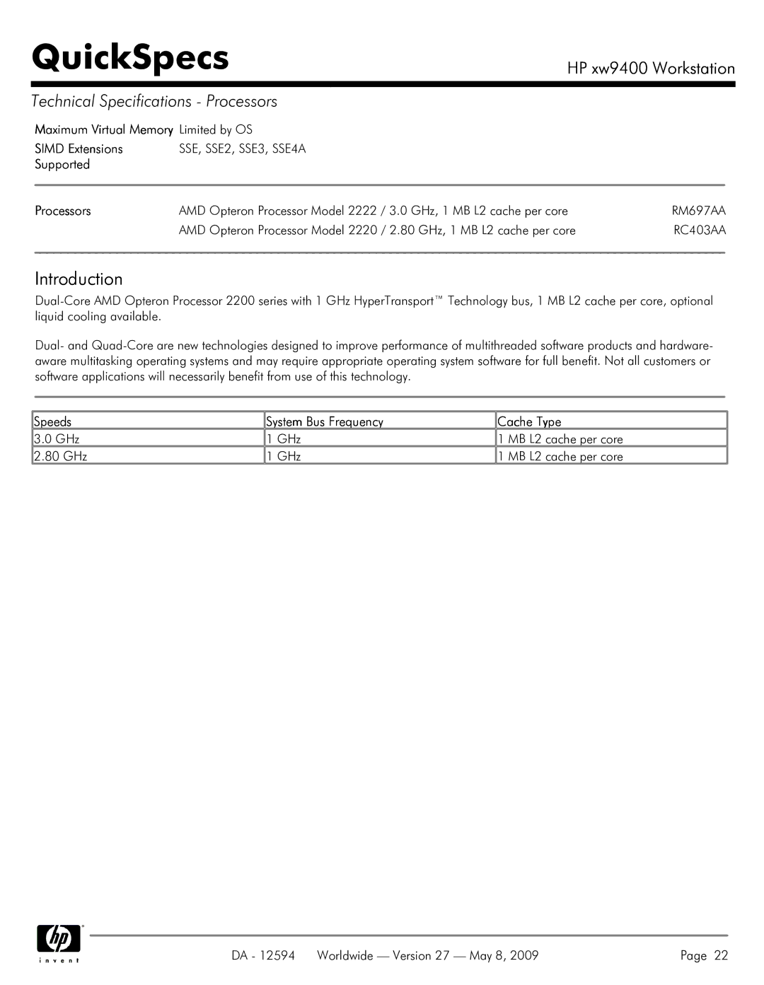 HP XW9400 manual Maximum Virtual Memory Limited by OS Simd Extensions, SSE, SSE2, SSE3, SSE4A 