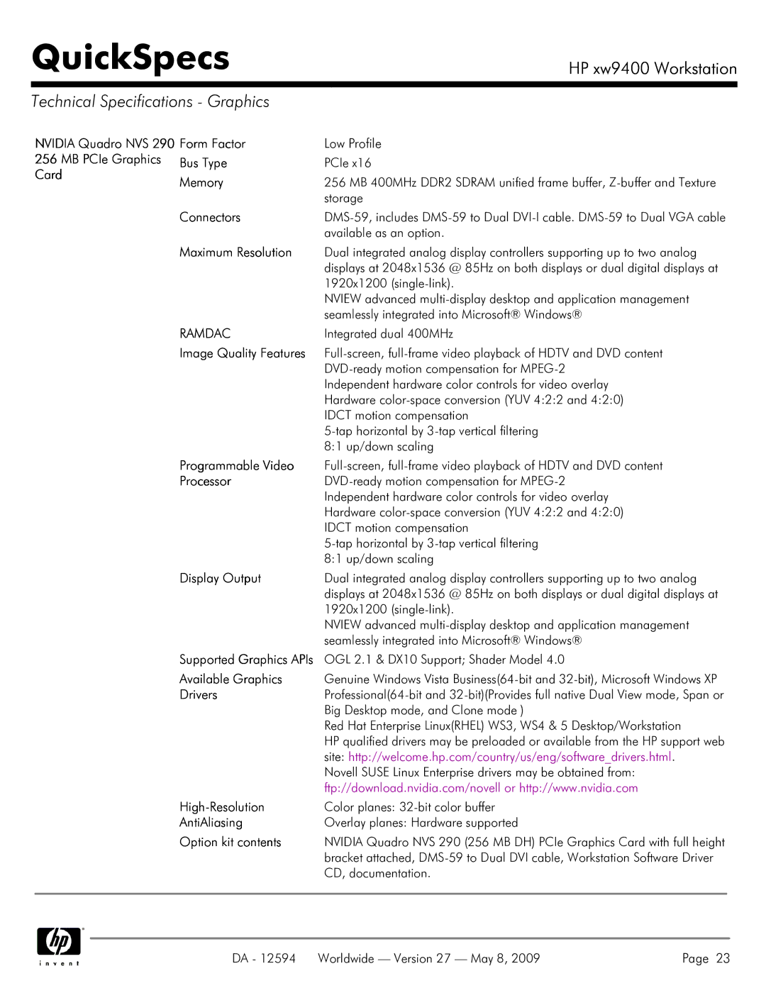 HP XW9400 manual Technical Specifications Graphics, Ramdac 