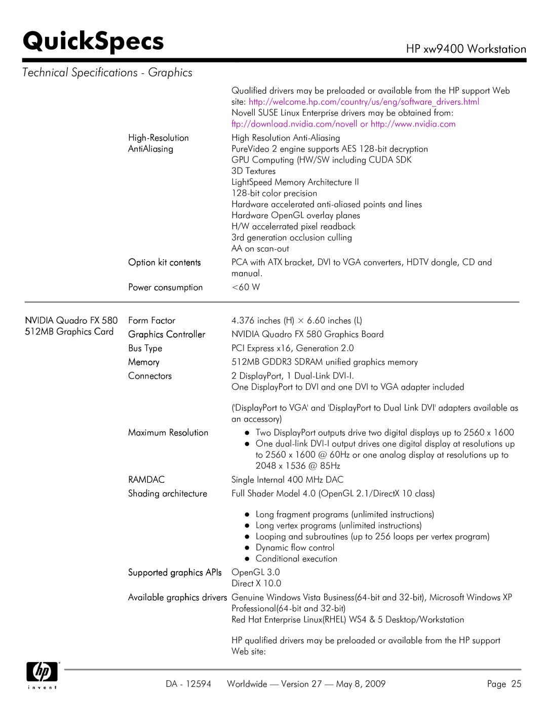 HP XW9400 manual Nvidia Quadro FX 580 Form Factor, 512MB Graphics Card Graphics Controller 