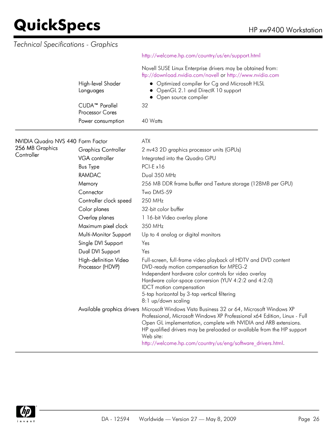 HP XW9400 High-level Shader, Languages, Cuda Parallel Processor Cores Power consumption, Nvidia Quadro NVS 440 Form Factor 