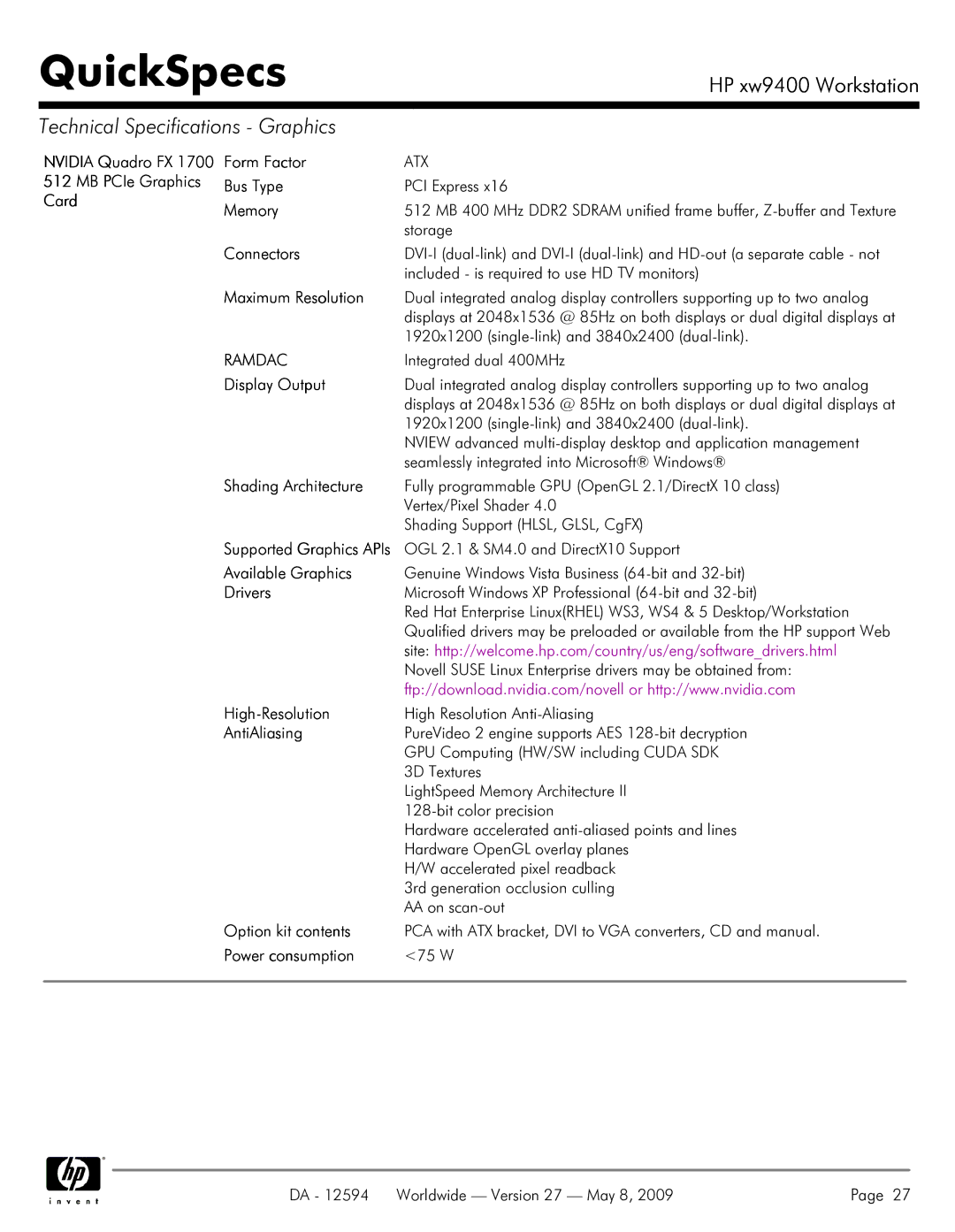 HP XW9400 manual Nvidia Quadro FX 1700 Form Factor 