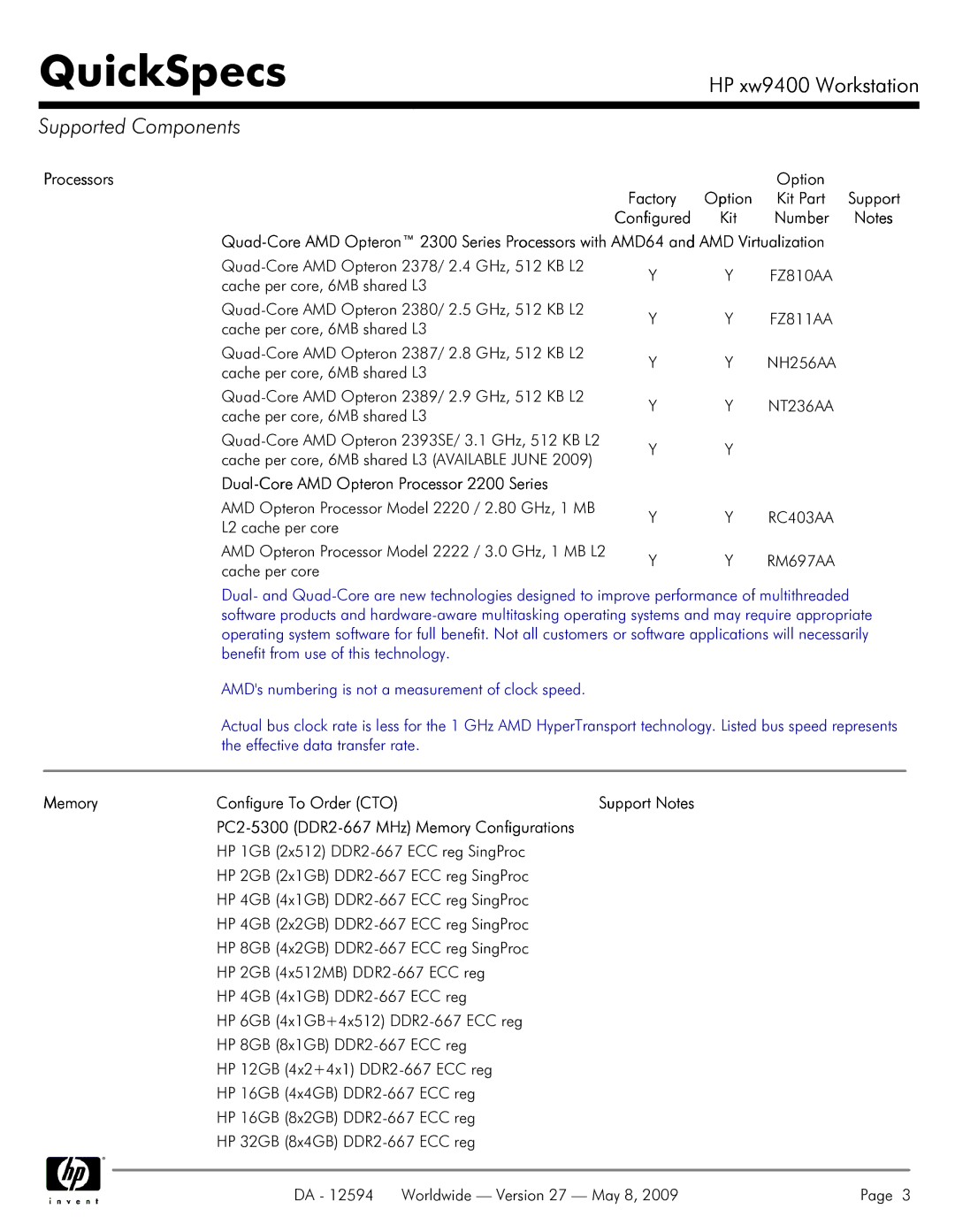 HP XW9400 manual Supported Components, Processors Option, Dual-Core AMD Opteron Processor 2200 Series 