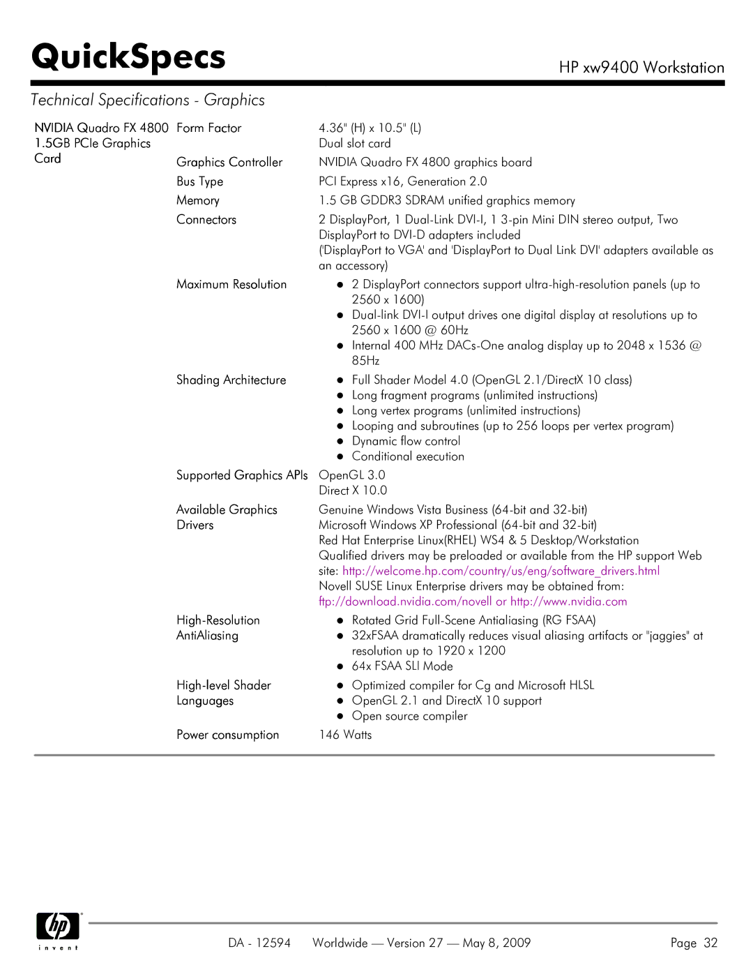 HP XW9400 manual Nvidia Quadro FX 4800 Form Factor, 5GB PCIe Graphics, Card Graphics Controller 