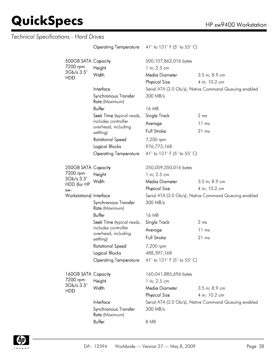 HP XW9400 manual Operating Temperature 500GB Sata Capacity Rpm Height 3Gb/s, Width Interface Synchronous Transfer 