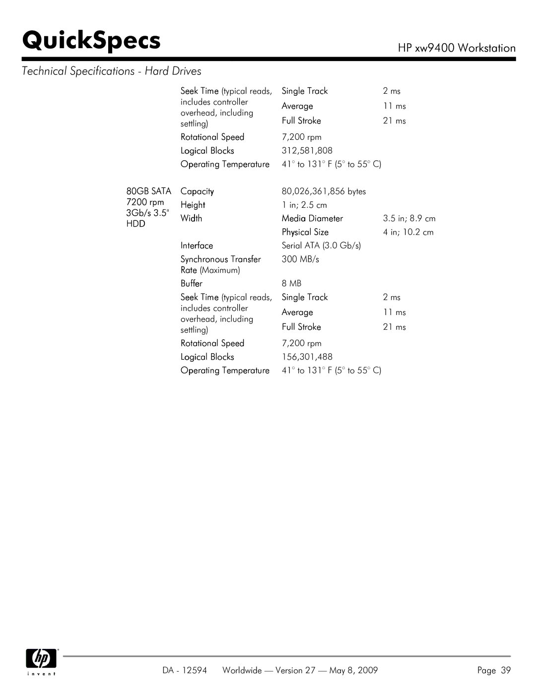 HP XW9400 manual Width Media Diameter 