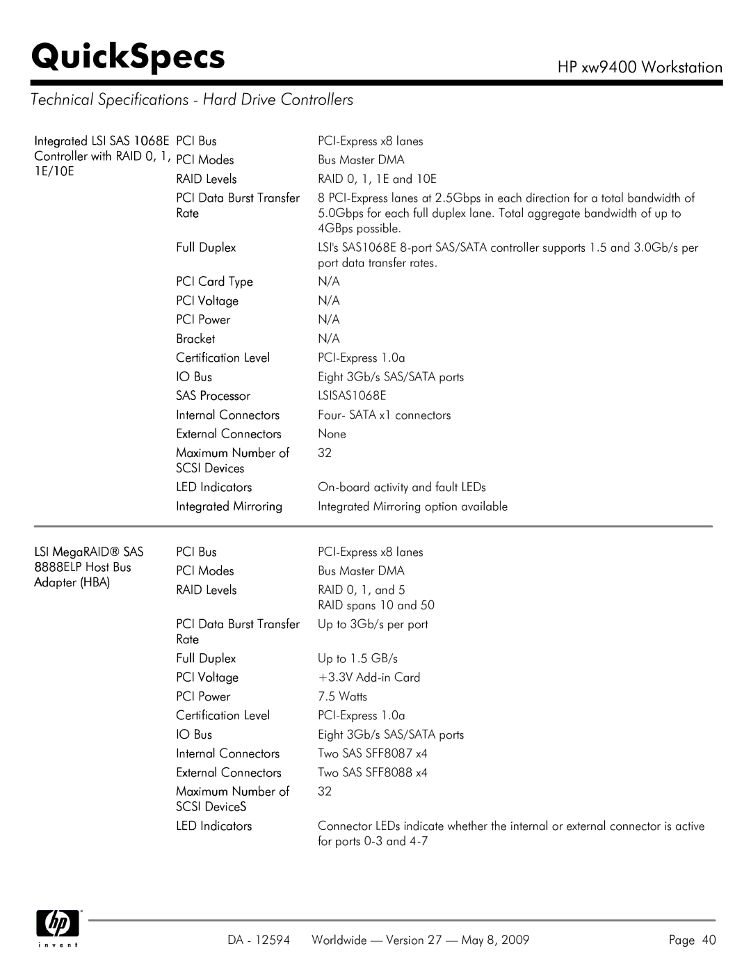 HP XW9400 manual Technical Specifications Hard Drive Controllers 