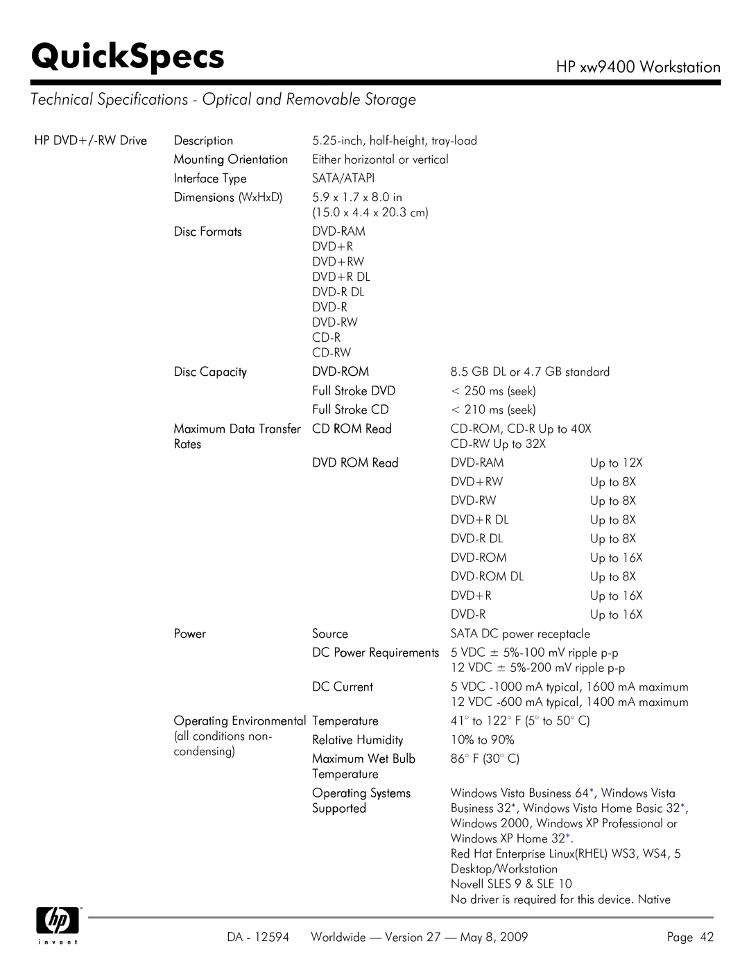 HP XW9400 manual Technical Specifications Optical and Removable Storage, Dvd-Rom 