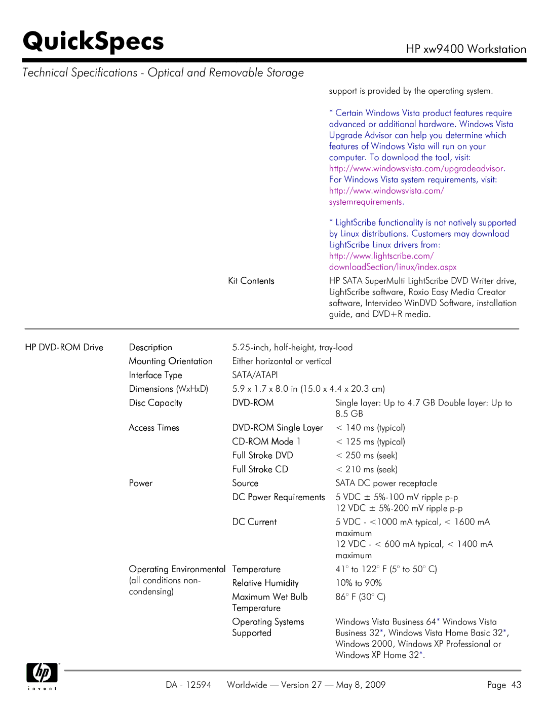 HP XW9400 manual Kit Contents 