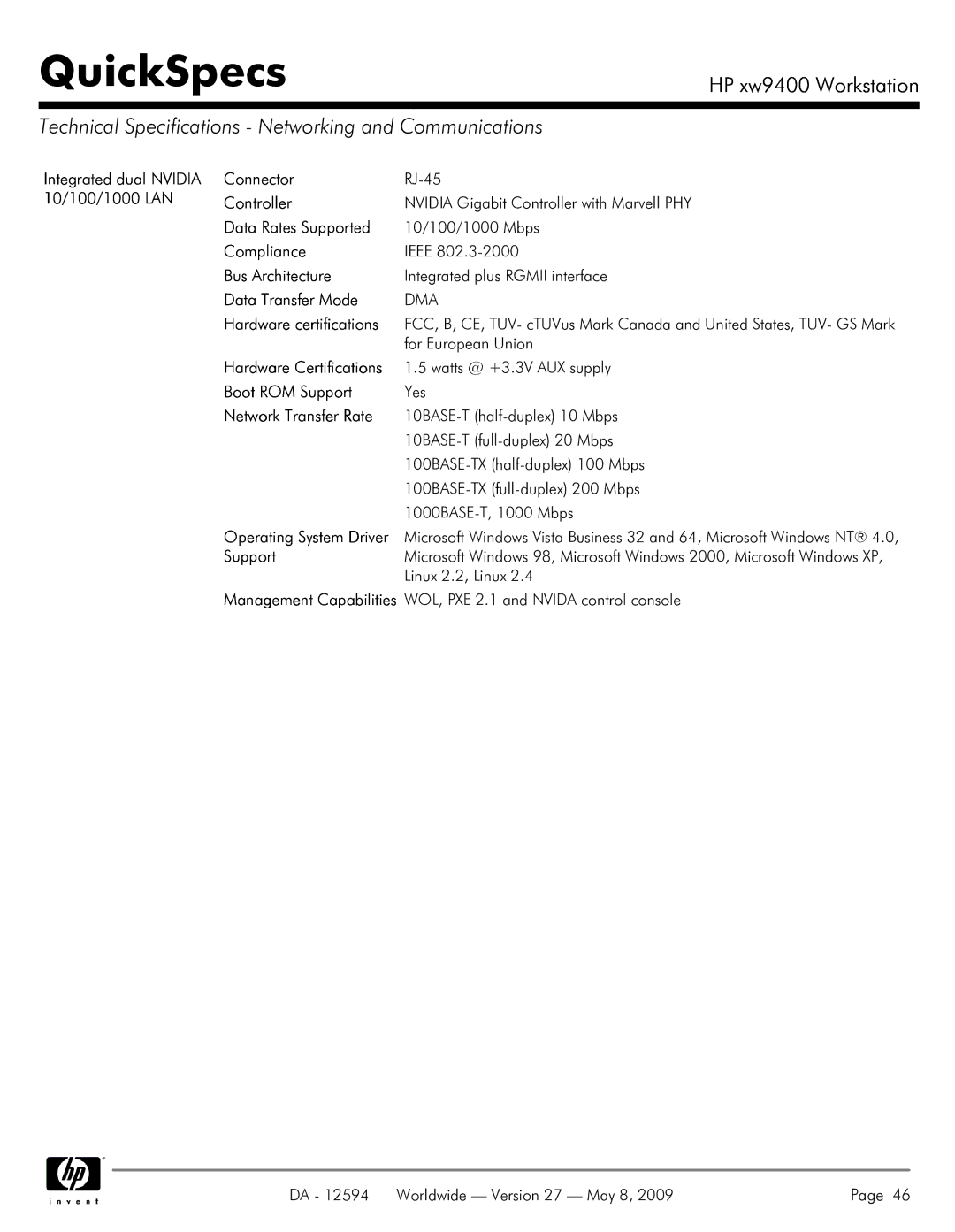 HP XW9400 manual Technical Specifications Networking and Communications 