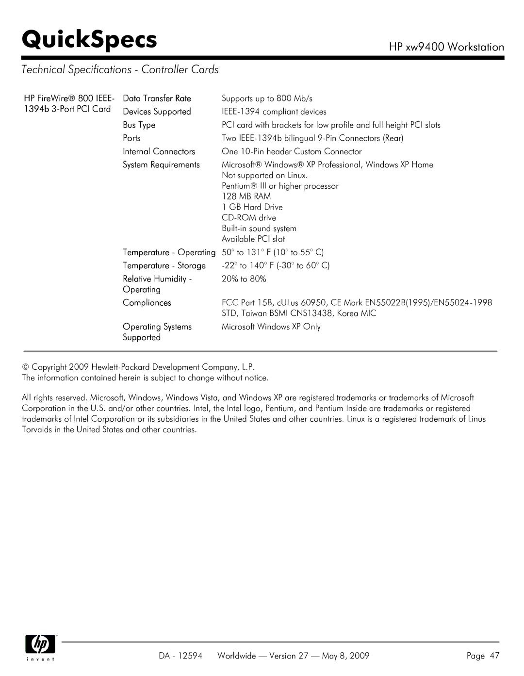 HP XW9400 manual Technical Specifications Controller Cards 