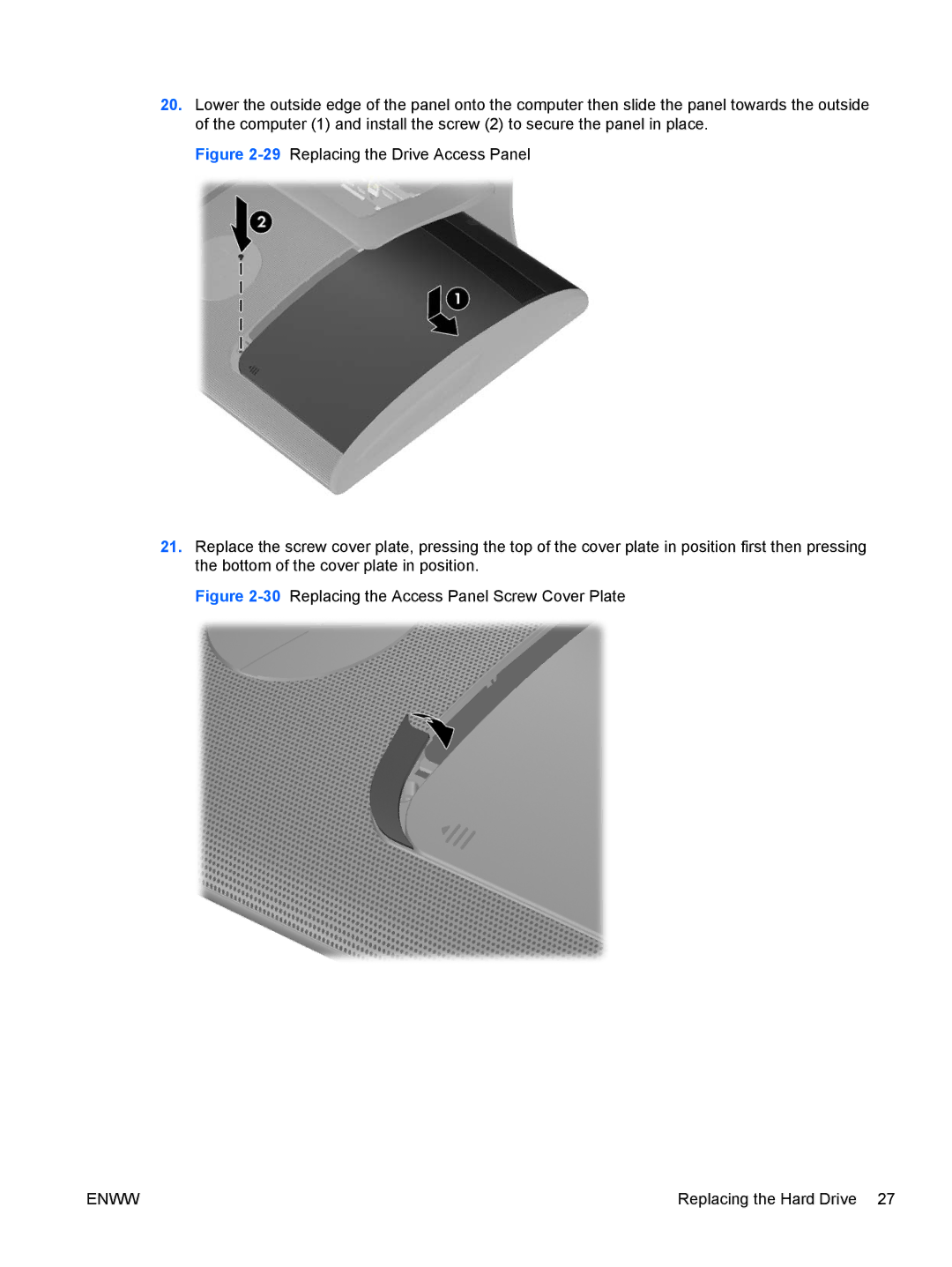 HP 9300, XZ837UT manual 30Replacing the Access Panel Screw Cover Plate 