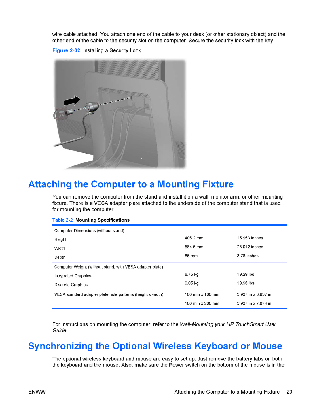 HP 9300, XZ837UT manual Attaching the Computer to a Mounting Fixture, Synchronizing the Optional Wireless Keyboard or Mouse 