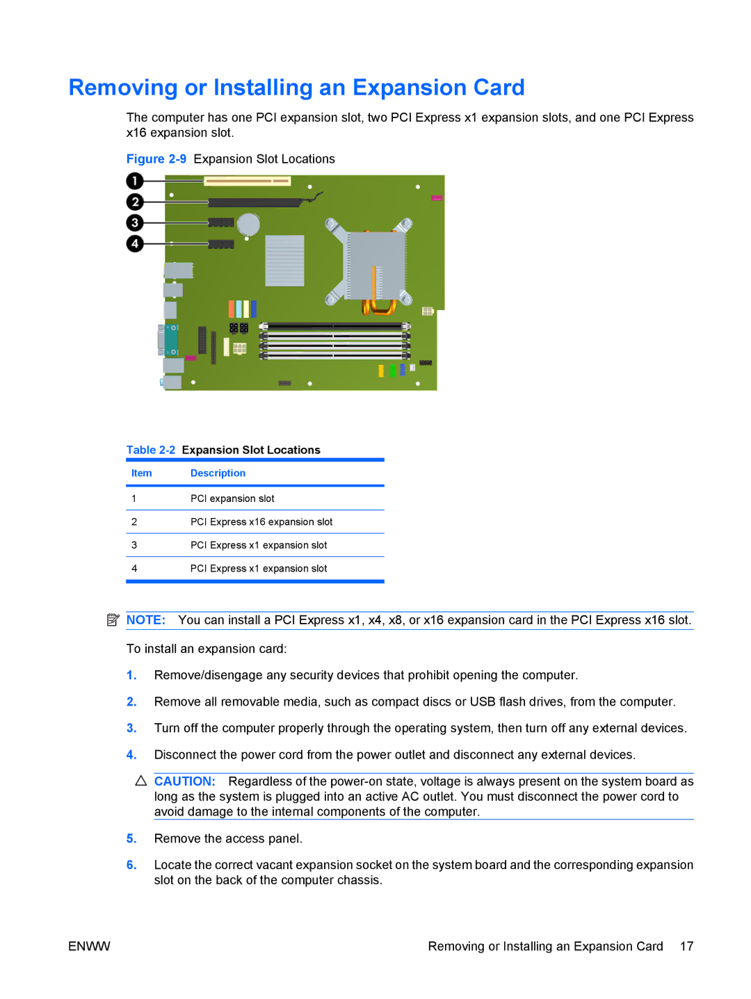 HP 6000, XZ930UT, VS832UT manual Removing or Installing an Expansion Card, 2Expansion Slot Locations 