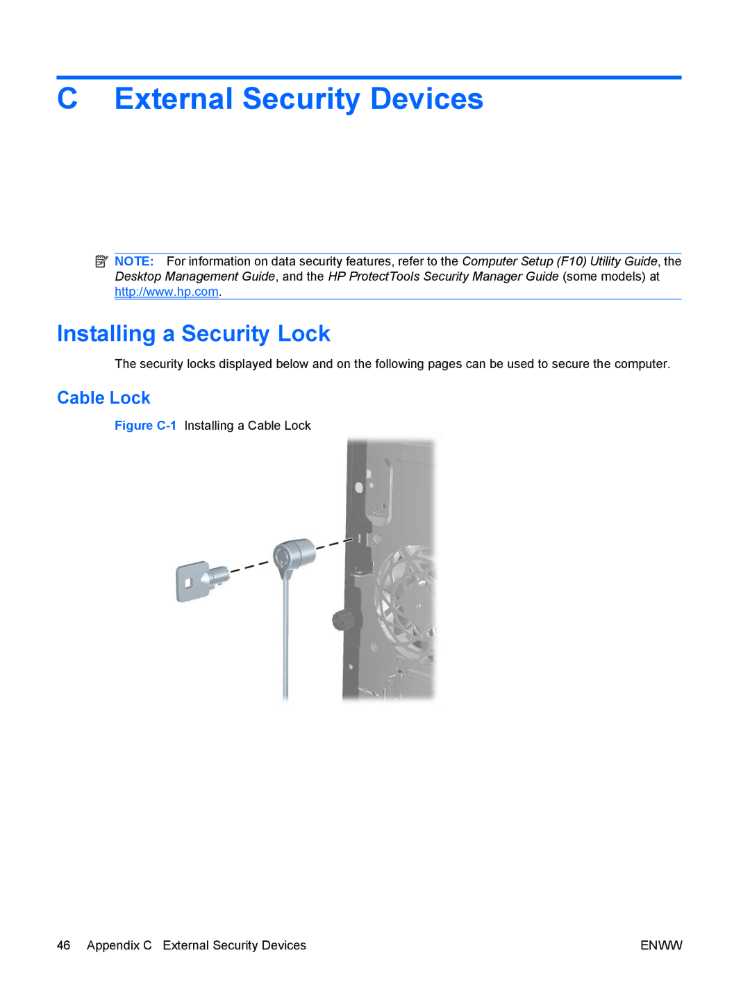 HP VS832UT, XZ930UT, 6000 manual External Security Devices, Installing a Security Lock, Cable Lock 