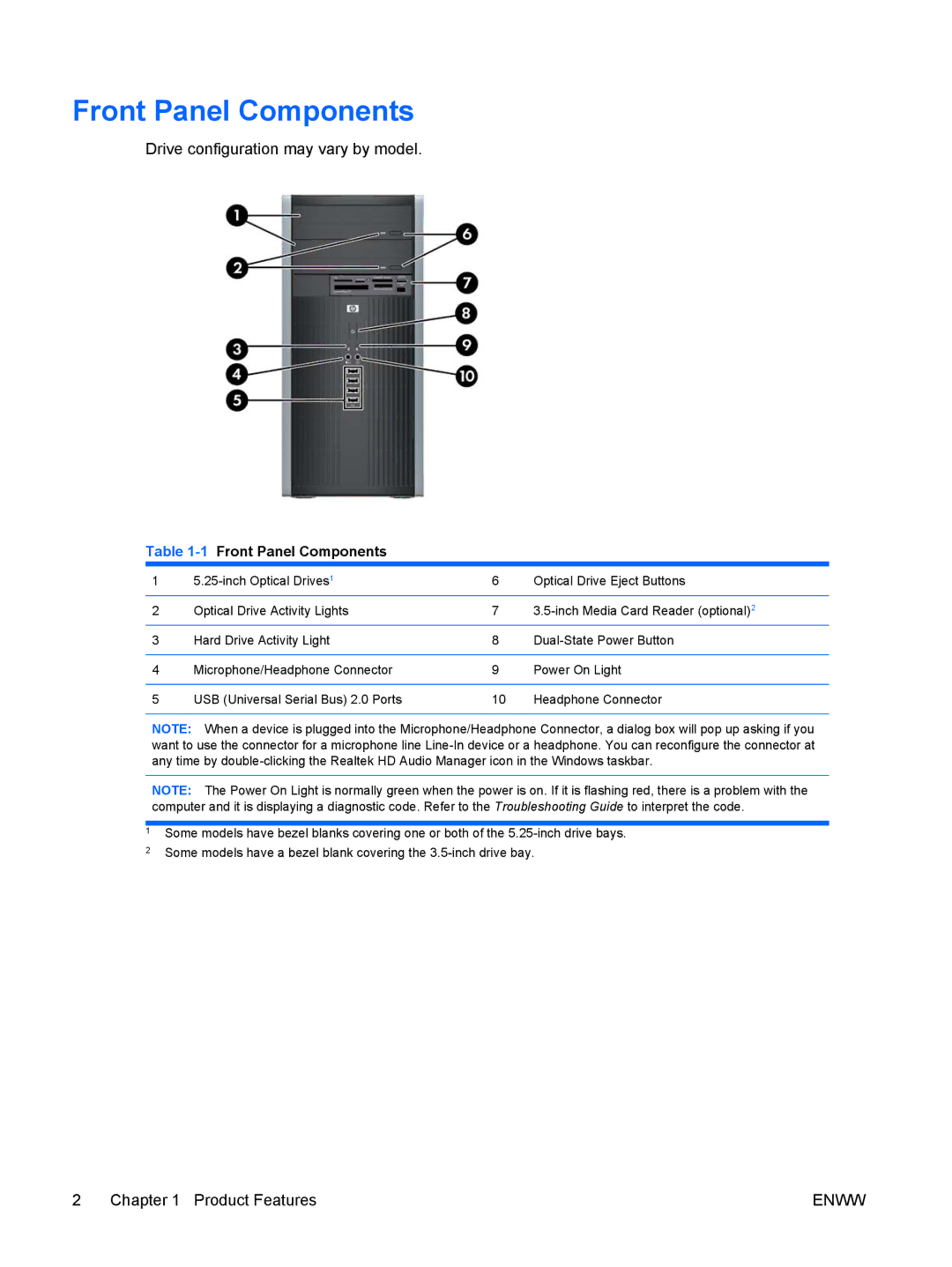 HP 6000, XZ930UT, VS832UT manual 1Front Panel Components 