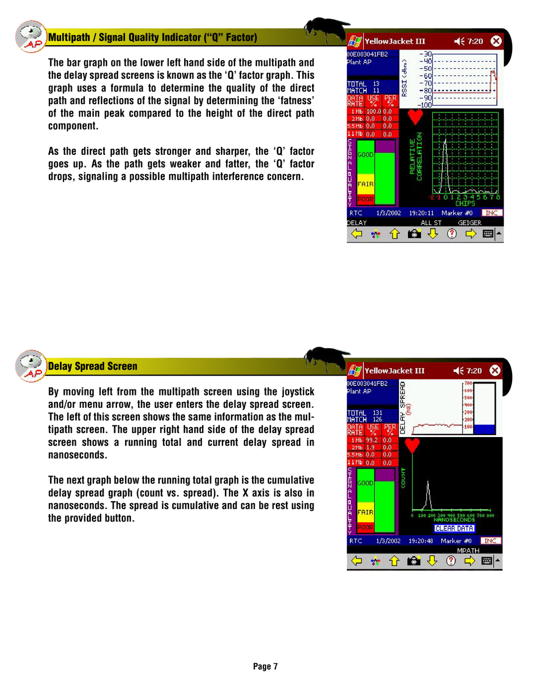 HP YELLOWJACKET PLUS manual Multipath / Signal Quality Indicator Q Factor, Delay Spread Screen 