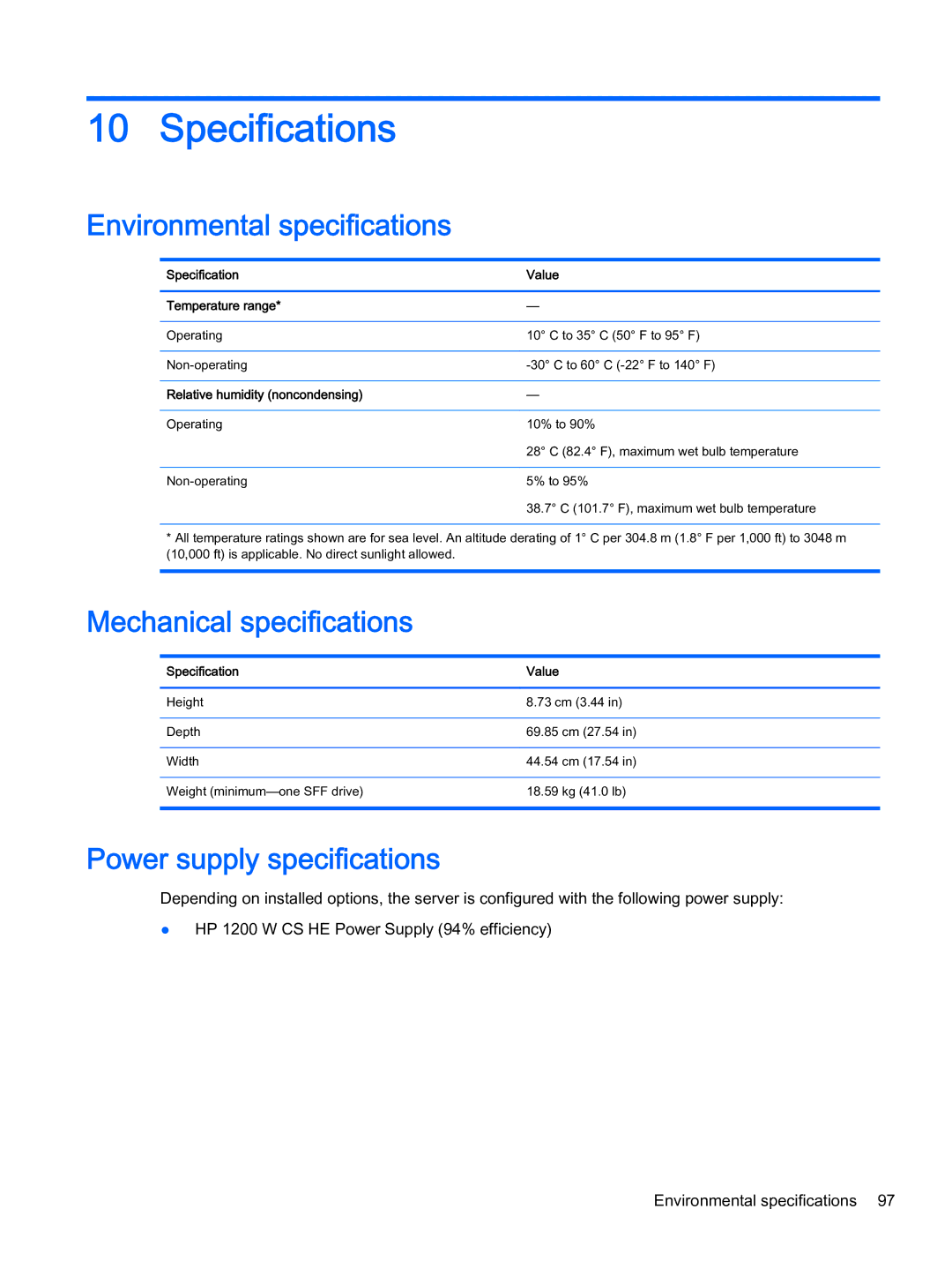 HP Z Virtual manual Specifications, Environmental specifications, Mechanical specifications, Power supply specifications 