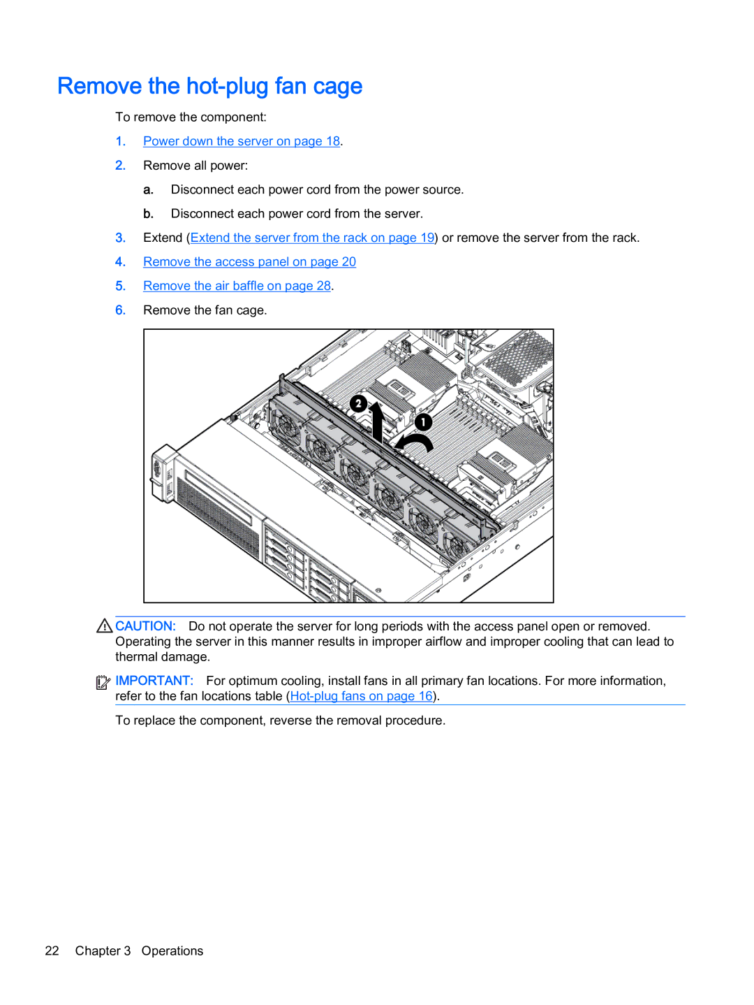 HP Z Virtual manual Remove the hot-plug fan cage, Power down the server on 