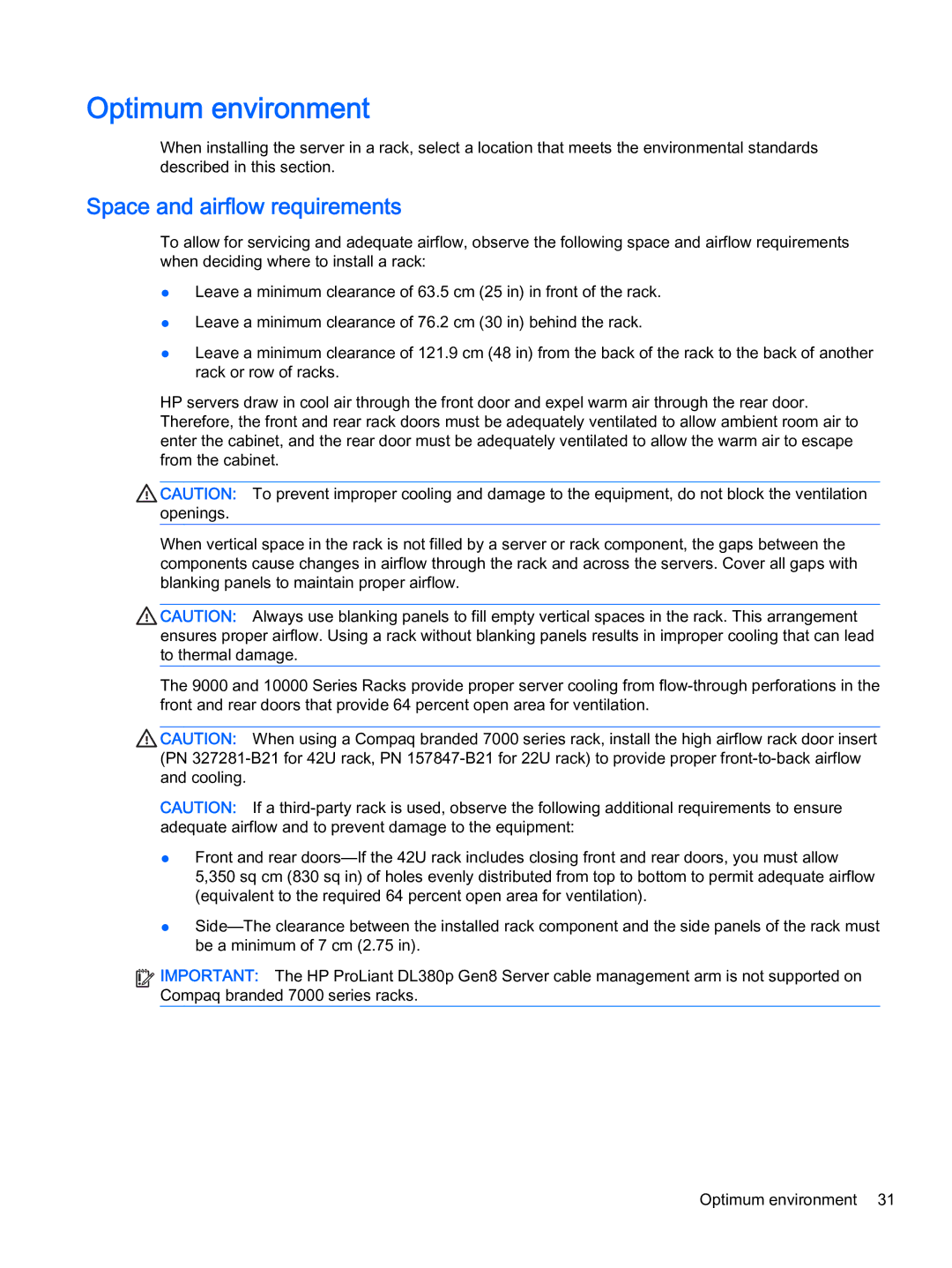 HP Z Virtual manual Optimum environment, Space and airflow requirements 