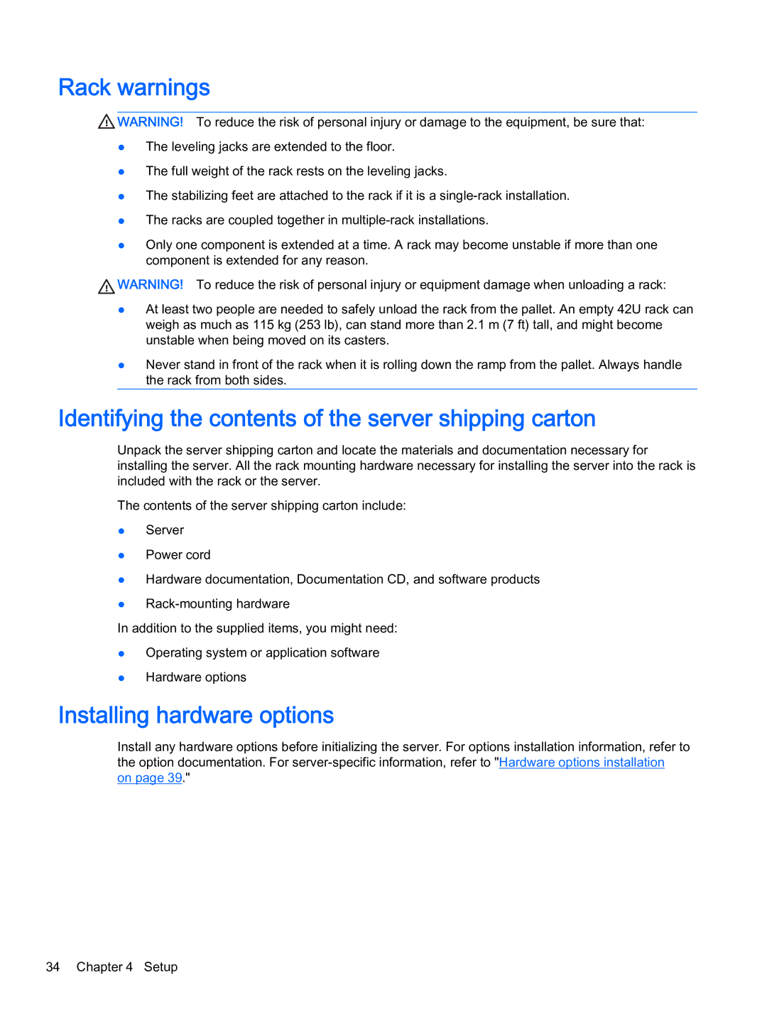 HP Z Virtual manual Rack warnings, Identifying the contents of the server shipping carton, Installing hardware options 