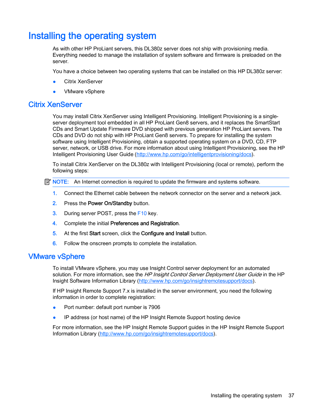 HP Z Virtual manual Installing the operating system, Citrix XenServer, VMware vSphere 