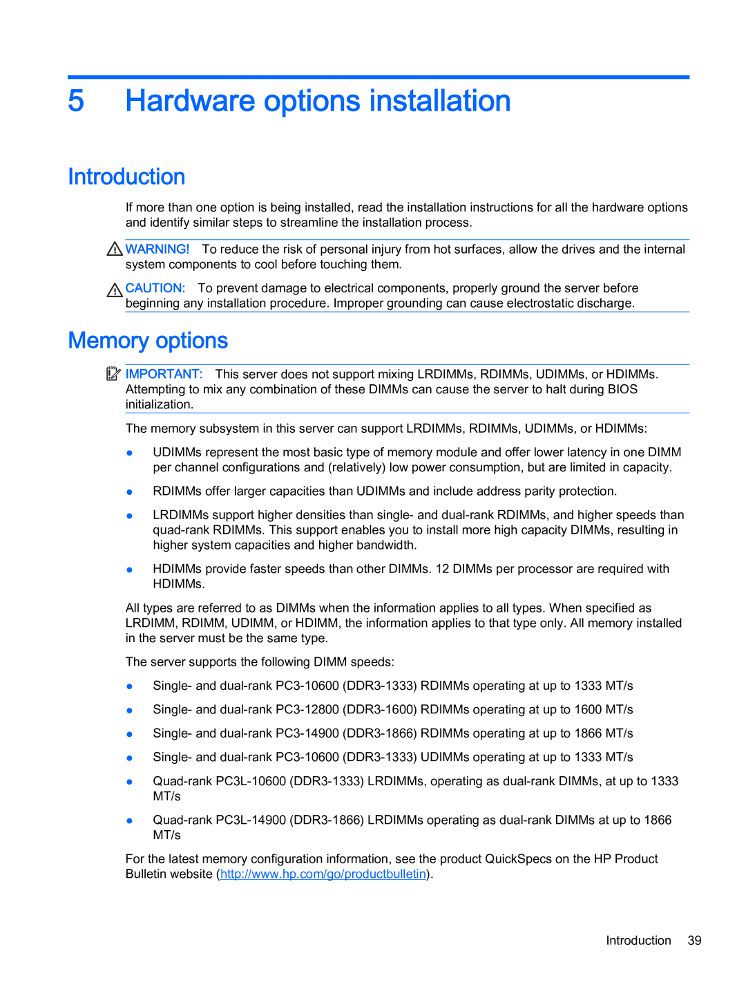 HP Z Virtual manual Hardware options installation, Introduction, Memory options 