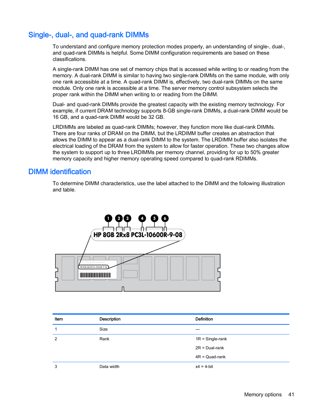 HP Z Virtual manual Single-, dual-, and quad-rank DIMMs, Dimm identification 