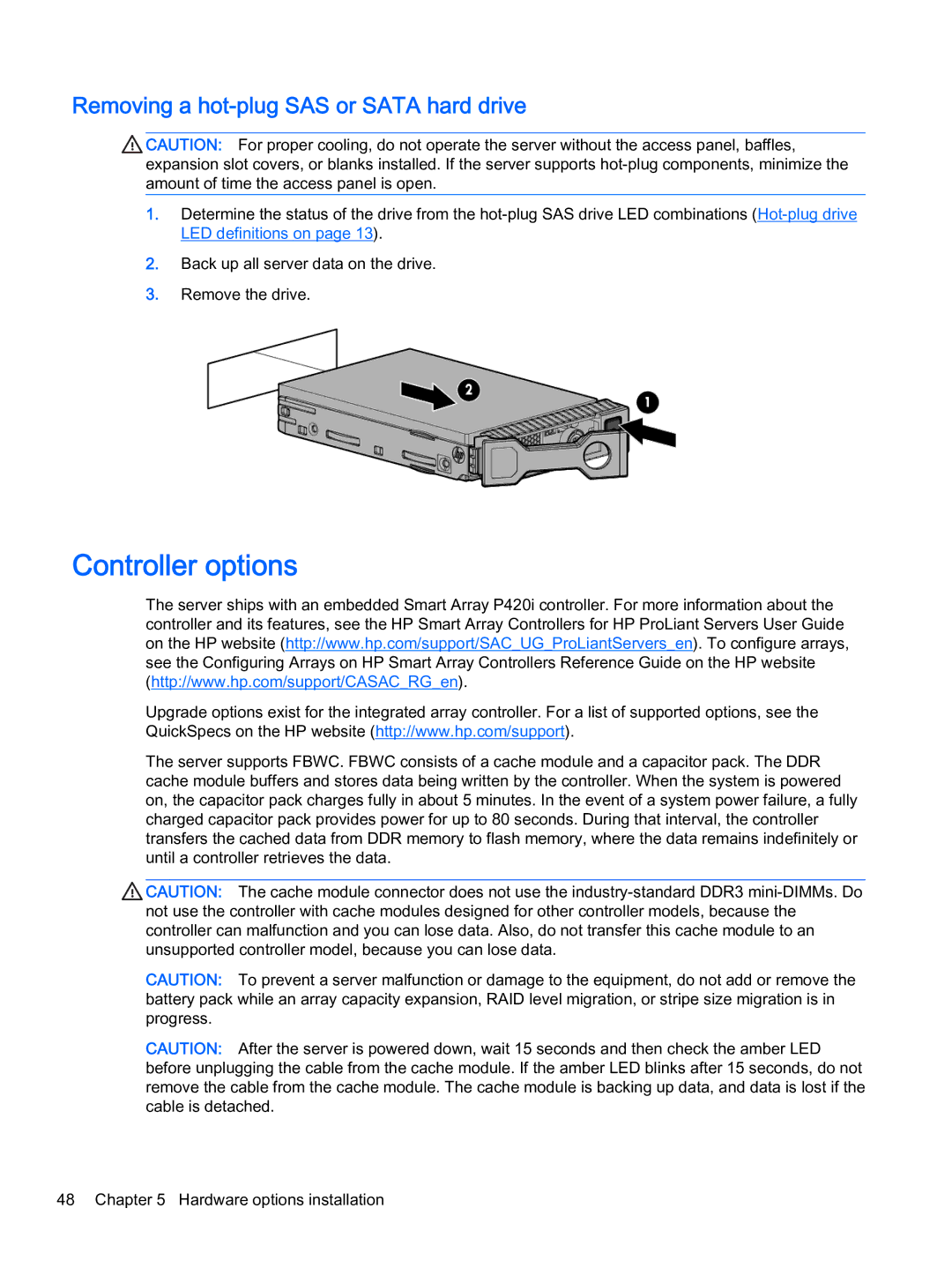 HP Z Virtual manual Controller options, Removing a hot-plug SAS or Sata hard drive 