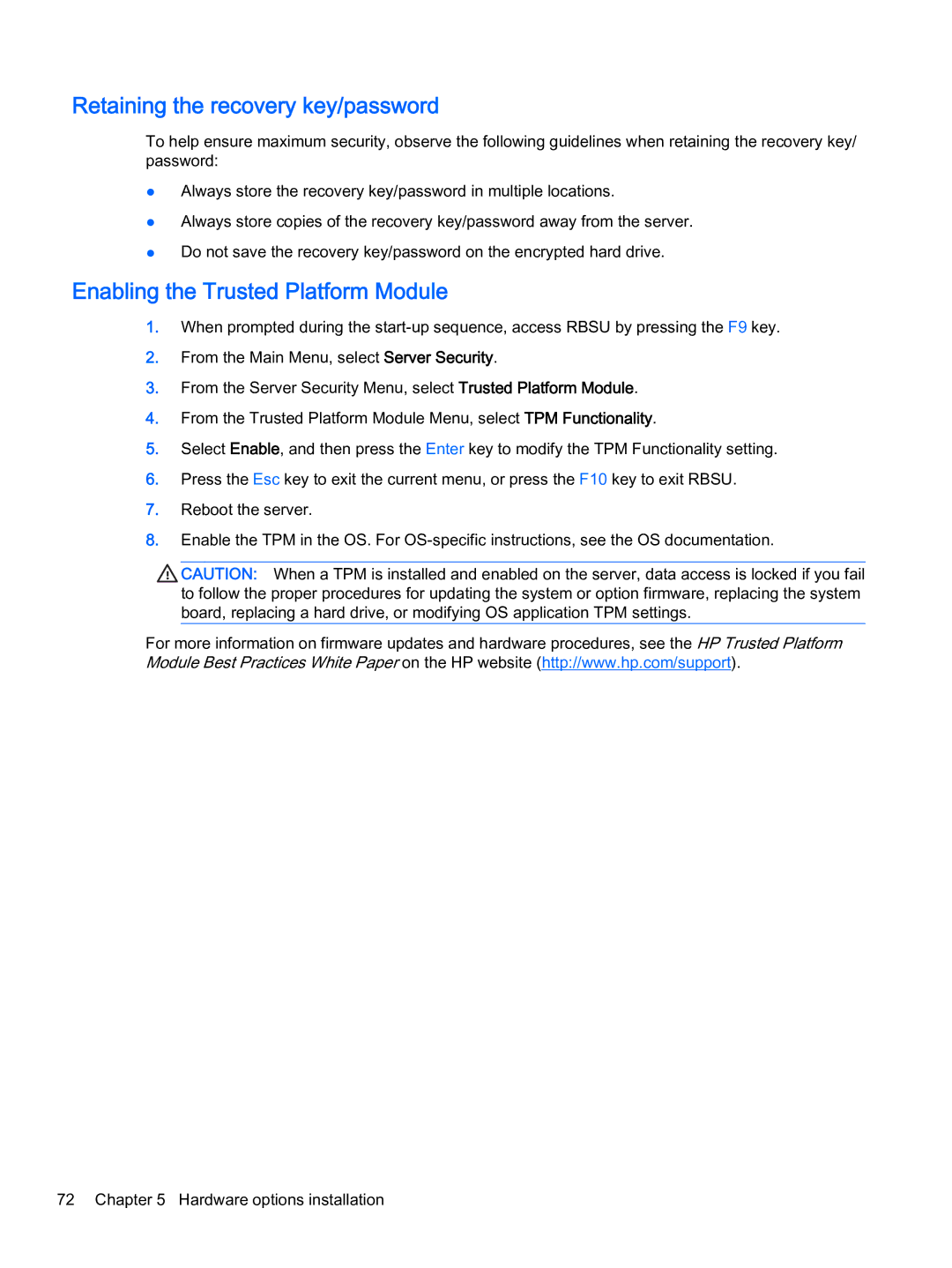 HP Z Virtual manual Retaining the recovery key/password, Enabling the Trusted Platform Module 