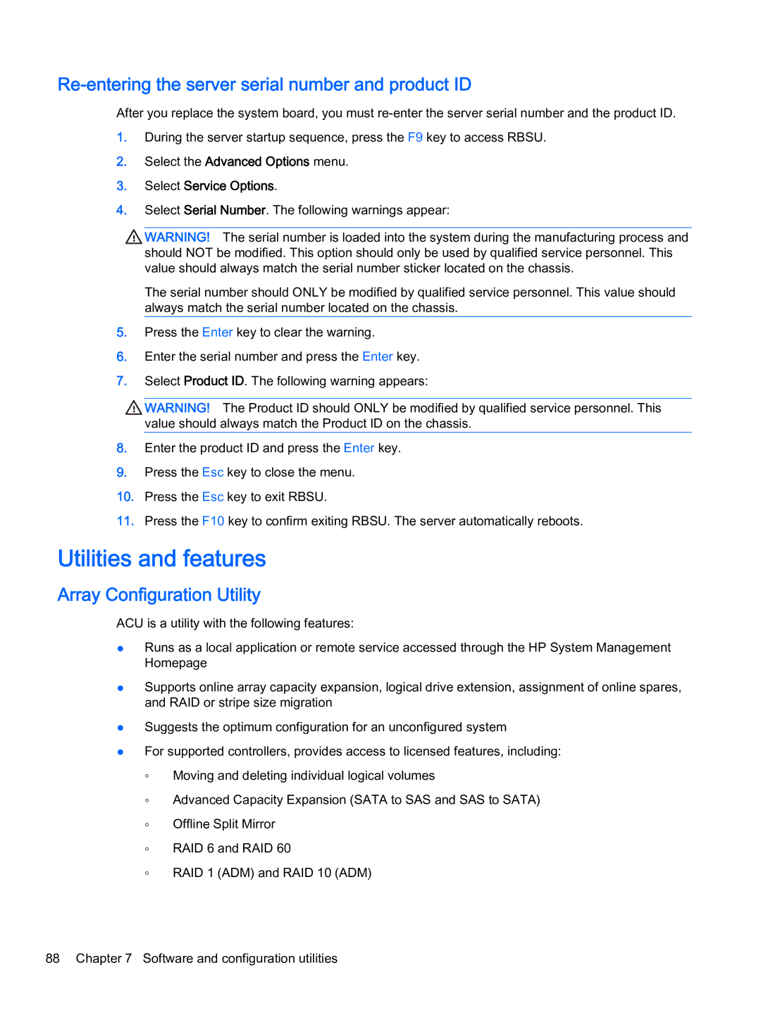 HP Z Virtual Utilities and features, Re-entering the server serial number and product ID, Array Configuration Utility 